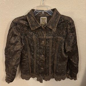 Flashback Embroidered Embellished Detailed Brown Jean Rocker Chick Jacket Size M